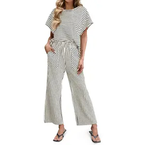 Womens Striped 2 Piece Sets Short Sleeve T Shirts Wide Leg Pants Matching Lounge Set with Pockets
