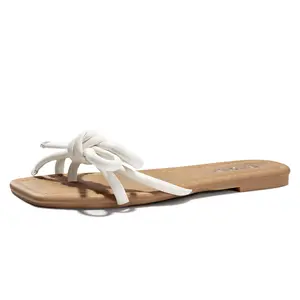 FITORY Women’s Square Toe Thong Sandals, Flat Slides with Cute Knot Detail for Summer