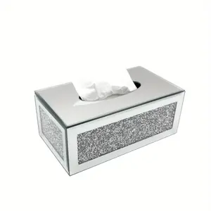 European Style Dustproof Crystal Diamond Glass Leather Napkin Holder, Cream Wind Living Room High-End Restaurant Simple Bar Table Luxury Creative Paper Box