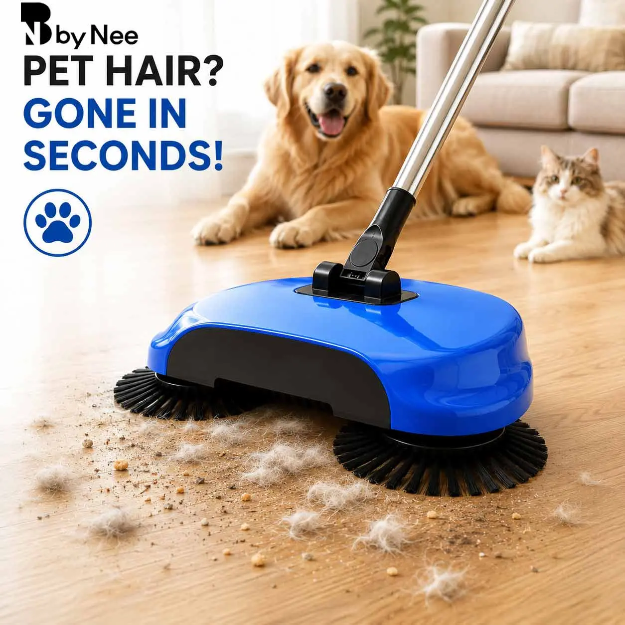 3-in-1 Non-Electric Pet Hair Broom & No-Bend Dustpan Set - Lightweight Hand-Push Spin Floor Sweeper with Foldable Stainless Steel Handle, Easy Storage for Home Cleaning Traditional Steel Traditional