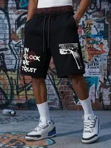 Men's Streetwear Casual Shorts | Edgy Gun & Text Print | Soft Plush Fabric | Deep Side Pockets | Versatile for All Occasions | Timeless Black Color | Essential Summer Streetwear Set