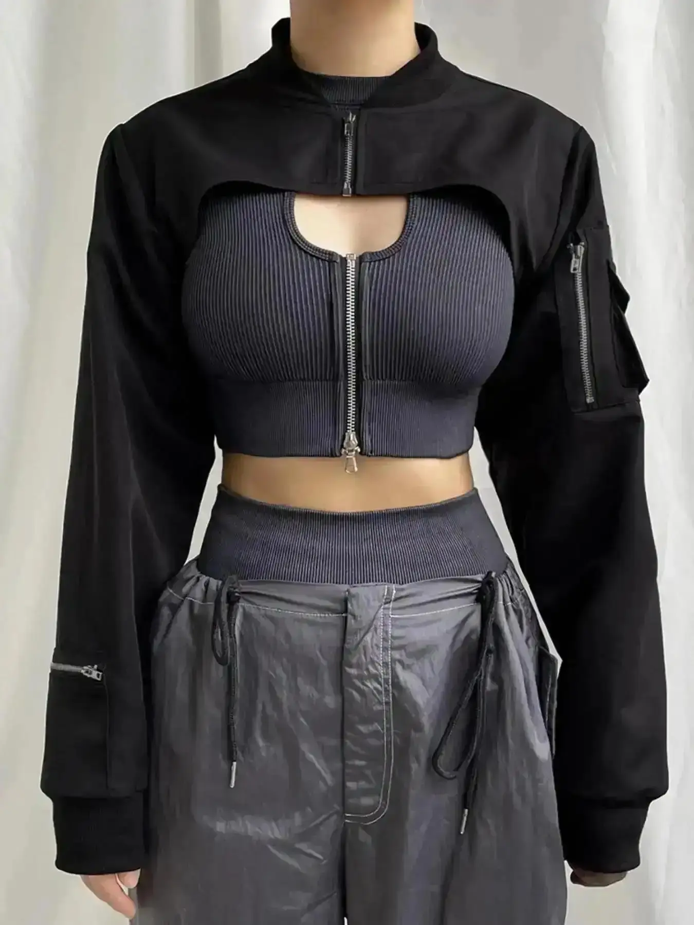 Vogue Women's Solid Pocket Zipper Mock Neck Crop Jacket, Coats, Designer for Women, Street Casual Outerwear, Summer Jackets Clothing Spring & Fall, Womenswear, Tops, Tropical Vibe, Sunny Days, Loungewear, Resort Wear