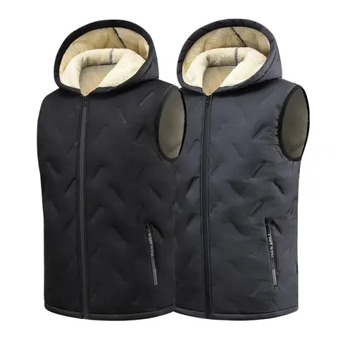 Men's Plain Fleece-Lined Thick Hooded Waistcoat - Menswear Casual Polyester Sports Jacket, Autumn-Winter Warm Sleeveless Zip-Up Top, Hood Blocks Cold, Machine-Washable Outerwear for Dads