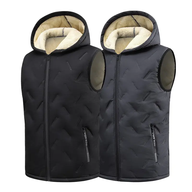 Men's Plain Fleece-Lined Thick Hooded Waistcoat - Menswear Casual Polyester Sports Jacket, Autumn-Winter Warm Sleeveless Zip-Up Top, Hood Blocks Cold, Machine-Washable Outerwear for Dads
