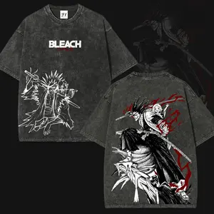 Kenpachi Zaraki Bleach Vintage Washed Oversized Anime T-Shirt, Heavyweight Cotton Streetwear Graphic Tee, Dark Manga Line Art Back Print, Unisex Loose Fit Japanese Anime Shirt, Classic Bleach Anime Streetwear Gift