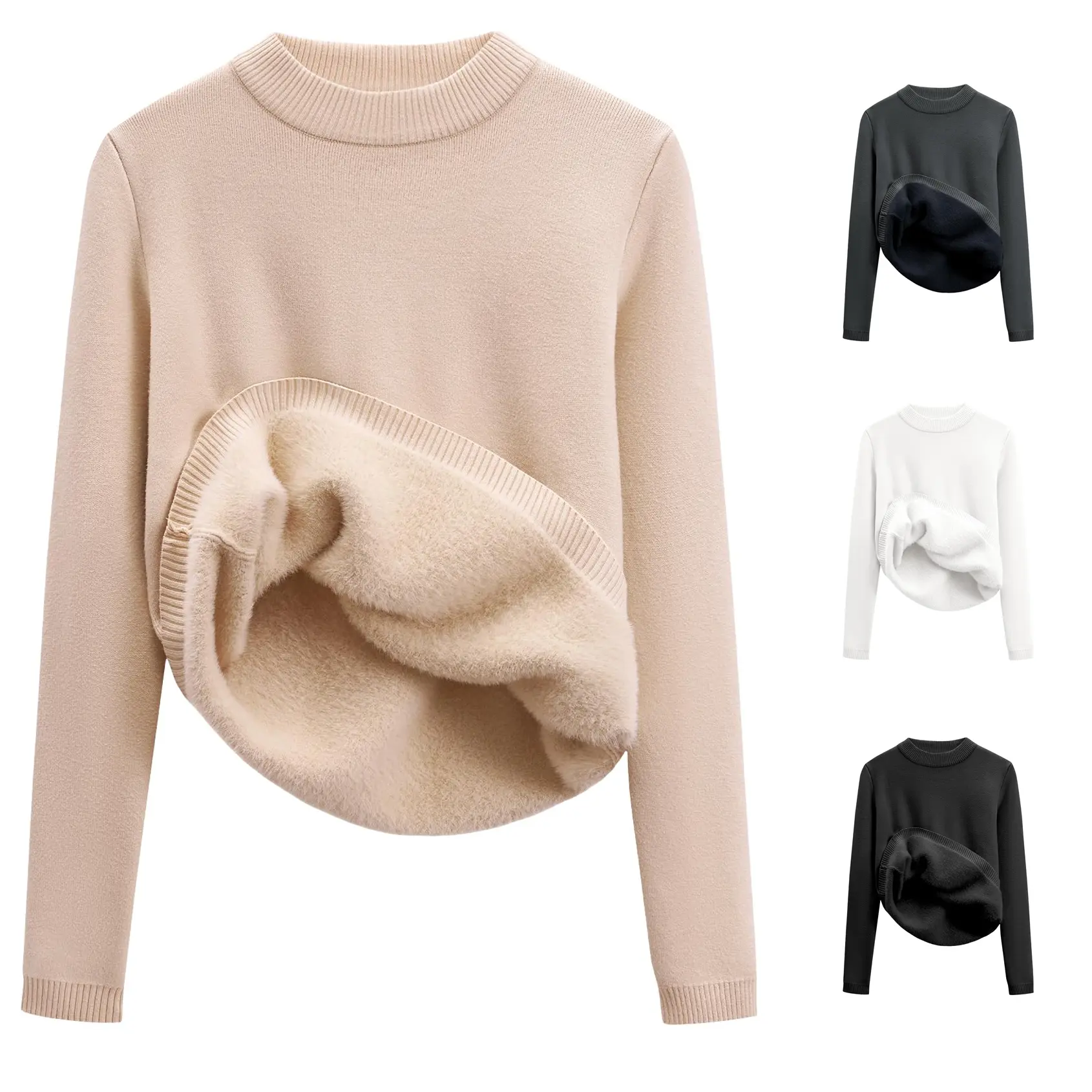 Womens Fleece Sweaters Sherpa Lined Thermal Shirts Long Sleeve Warm Base Layer 2026 Knit Fall Sweaters