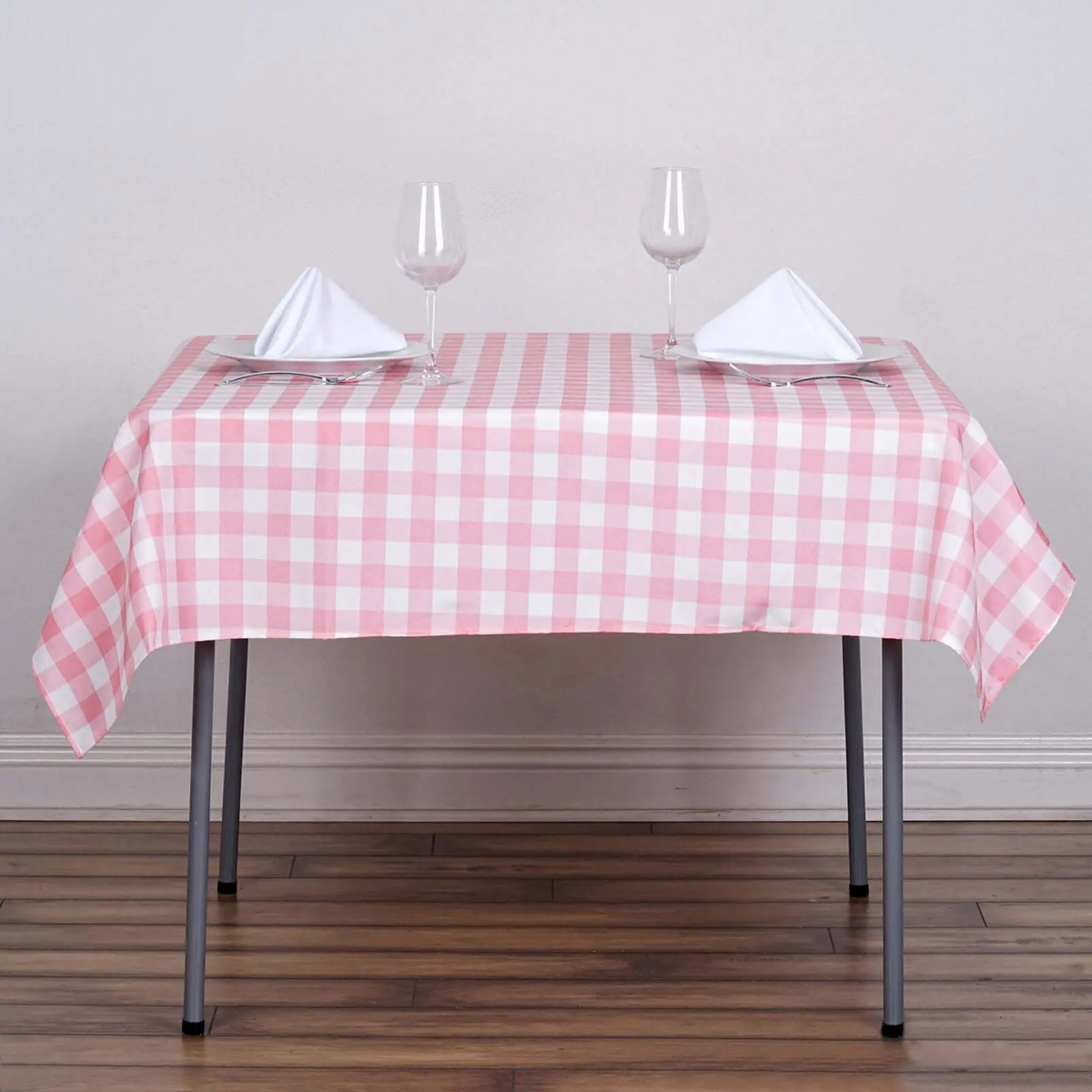 Polyester Square Tablecloth, 54"x54" White-Rose Quartz Checkered Buffalo Plaid Cover, Machine Washable & Tumble Dry Compatible for Outdoor Furniture Tables, Wedding Use, Machine Wash, Ceremony