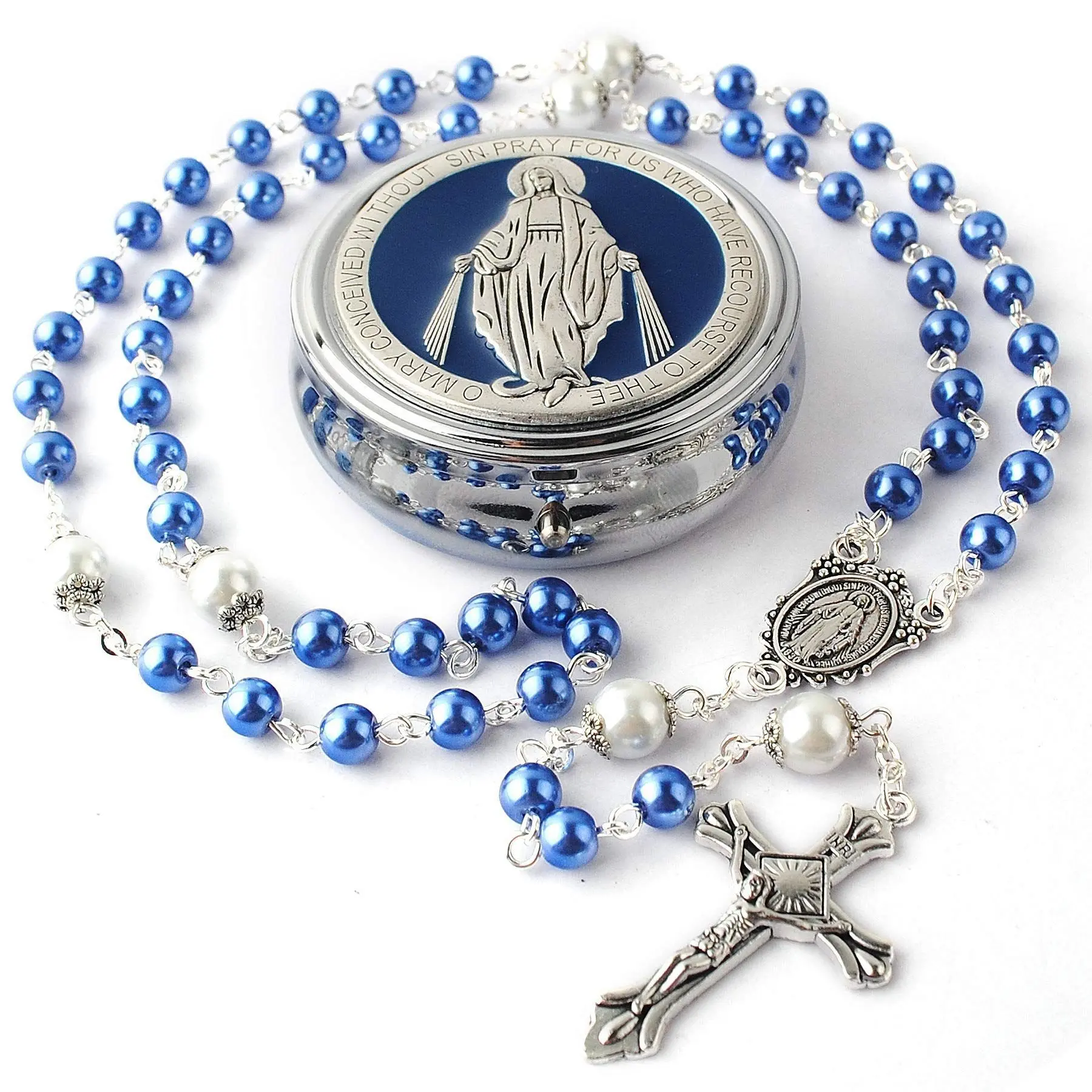 Glass Imitation Pearl Virgin Mary Cross Rosary Necklace Handmade Bent Needle Holy Communion Baptism Prayer Rosary