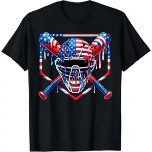 100% Cotton Baseball Catcher Drip American Flag Ice Cream 4th of July T-Shirt