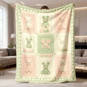 2026 New Flannel Blanket Release 1Pc Grandma'S Square Magritte Crochet Pattern Soft And Cozy Throw Featuring Teddy Bear And Floral Motif, Lightweight All-Season Blanket For Sofa, Bed, Travel, Office, Home D