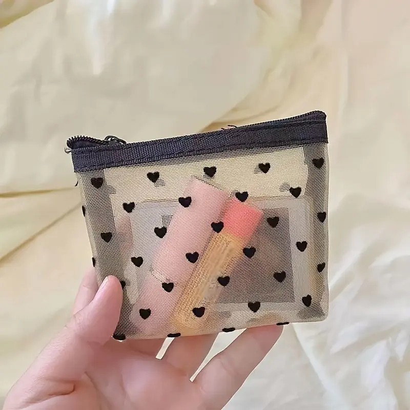 Heart-Shaped Mesh Makeup Bag, Cosmetic Pouch, Handheld Cosmetic Pouch, Style Velvety Transparent Portable Lipstick Storage Bag, Transparent Vanity Bag, Girls Travel Essential Organizer, Travel Cosmetic Bags, Compact, Cosmetics Bag