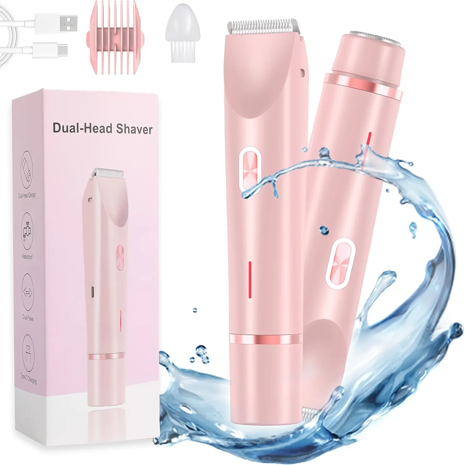 2 in 1 Dual Head Bikini Trimmer for Women, Independent Switch Electric Body Hair Shaver, IPX7 Waterproof Wet & Dry Use Rechargeable Pubic Facial Leg Underarm Hair Remover Groomer Tool
