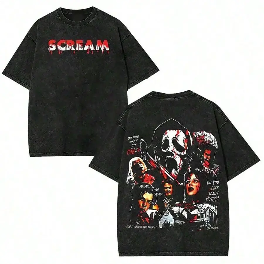 Vintage Acid Washed Cotton Horror Tee Chest Blood Drip Scream Mark Back Ghostface Movie Cast Quote Collage Dual Side Graphic Y2K Punk Street Top Breathable for Camping Skate Daily Workout Horror Collector Holiday Gift