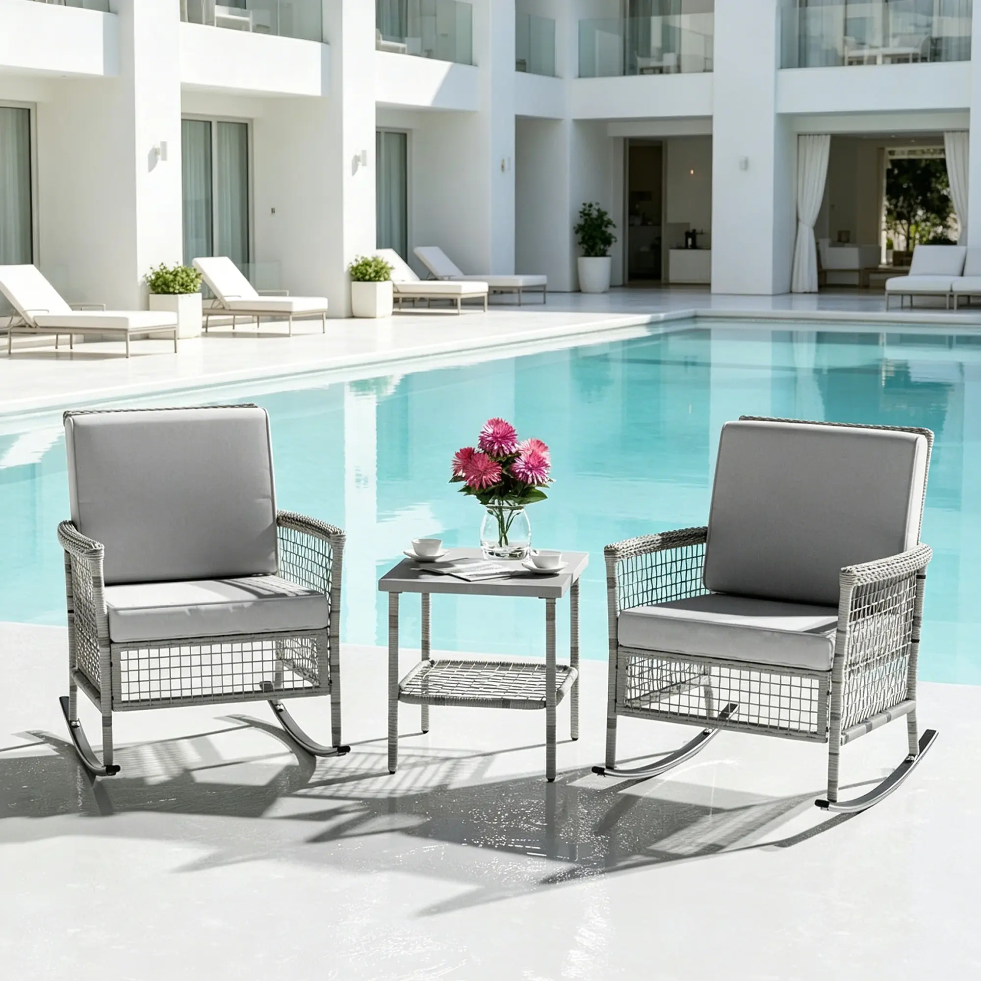 3-Piece Wicker Rocking Chair Set, Patio Bistro Furniture with Cushions & Side Table, Rattan Outdoor Conversation Bistro Set for Outdoor Use, Grey