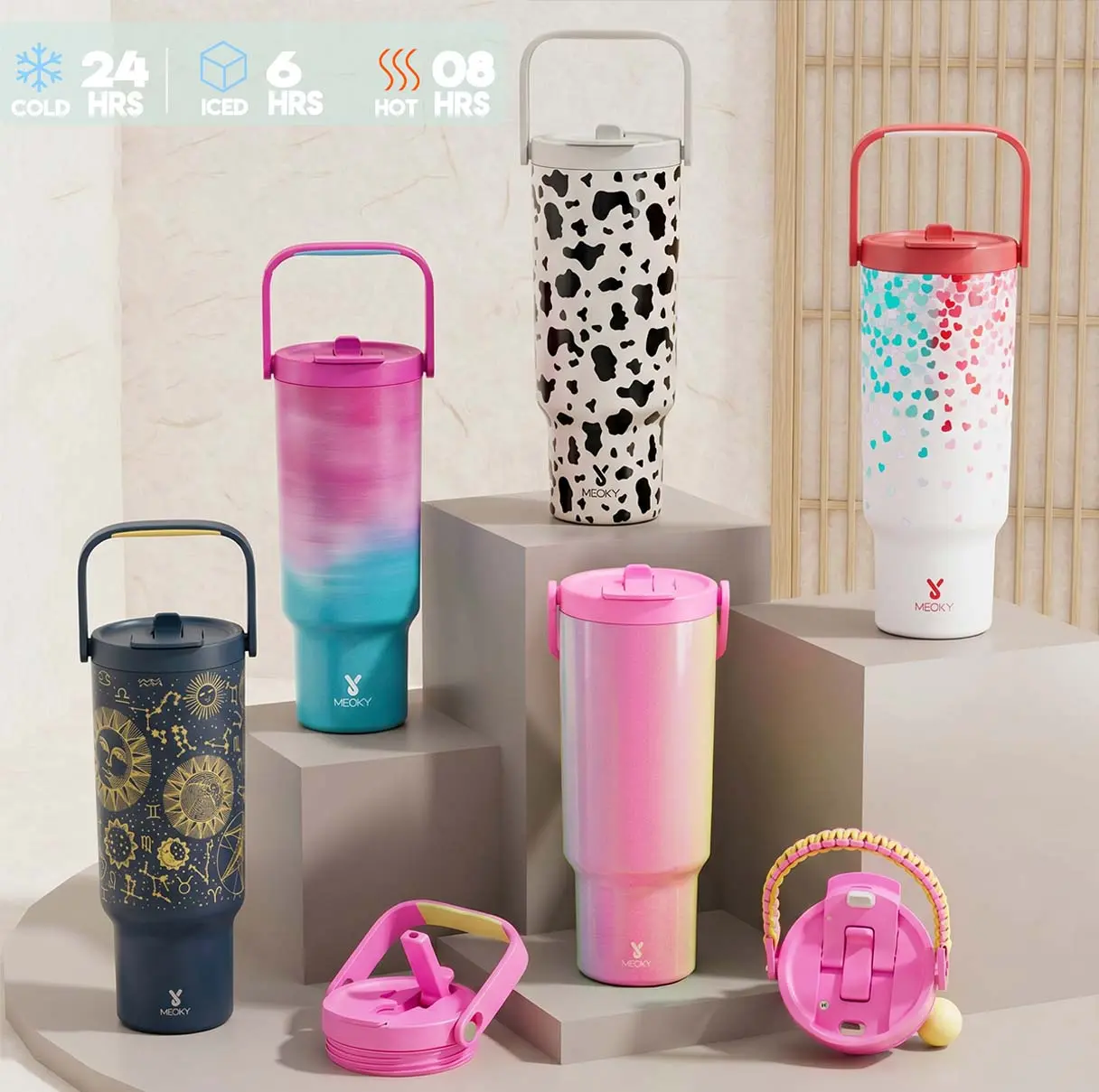 【Meoky】32oz&40oz Dual Drink Ports Tumbler, Meoky Stainless Steel Insulated Travel Mug, Two Carrying Modes, Leakproof Thermal Water Bottle for Car Office #TikTokShopSummerSale