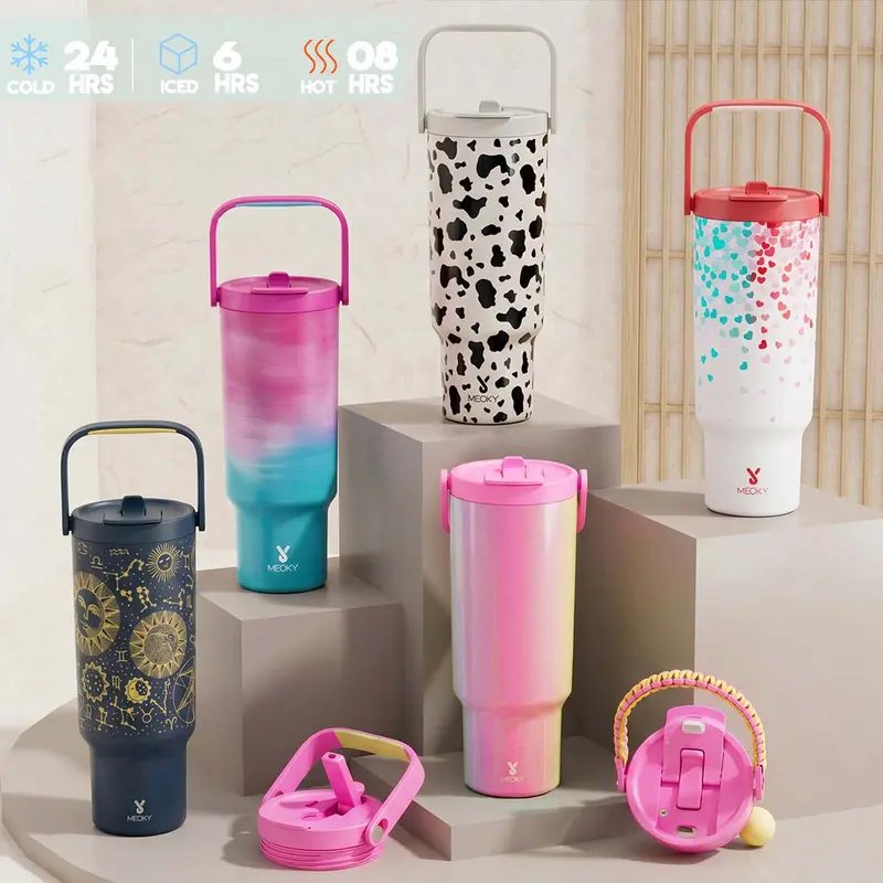 【Meoky】32oz&40oz Dual Drink Ports Tumbler, Stainless Steel Insulated Travel Mug, Two Carrying Modes, Leakproof Thermal Water Bottle for Car Office#backtoschool,dorm essentials,home decor,camping essentials#blackfriday#friendsgiving#giftideas