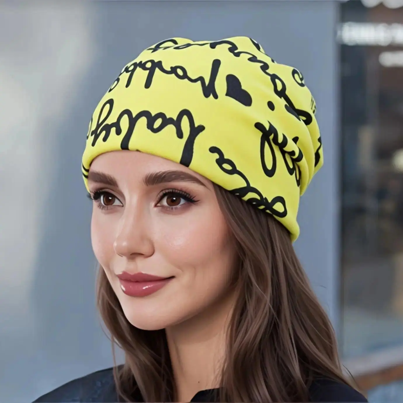 Women's 4-Pcs Letter Print Brimless Beanie Set, Warm Winter Knit Hat & Neck Gaiter, Cozy Sports Outdoor Protective Chemo Cap
