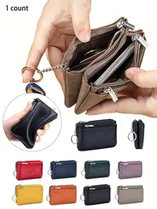 New Genuine Leather Women's Zipper Coin Purse, Large Capacity Three-Zipper Durable Fashion Wallet, Simple Design, Perfect for Coins & Small Items, Stylish Wallet