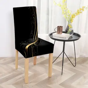 Black-based dining chair slipcover with golden patterns, made of polyester. In the home-decoration category, suitable for dining rooms, living rooms, hotels, cafes, conference rooms. Beautiful, dura
