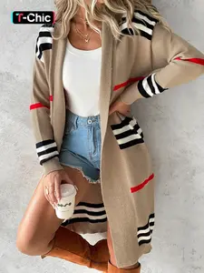 Women's Striped Print Drop Shoulder Shawl Collar Cardigan, Casual Open Front Long Cardigan for Fall & Winter, Women's Knit Clothing for Daily Wear