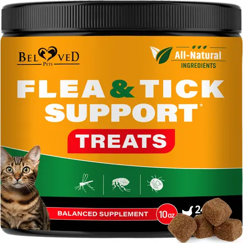 Beloved Pets Cat Flea and Tick Preventative Chewable Pills - Healthy, Garlic-Infused, Bacon Flavor, Made by USA Vets, Daily or Monthly Use Support (Chicken)