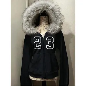 Women's Black Hooded Jacket with Faux Fur Trim and Bold 23 Number Print, Winter Coat for Street Style and Cold Weather Protection