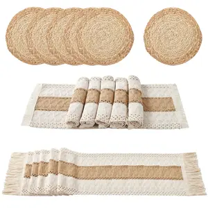 A Set of 13 Pcs Boho Placemats,Handmade Grass Woven Meal Mats and Natural Cotton Linen Burlap,with 1 Macrame Burlap Table Runner,Table Mats Set for Dining Table Kitchen,Tools & Hardware