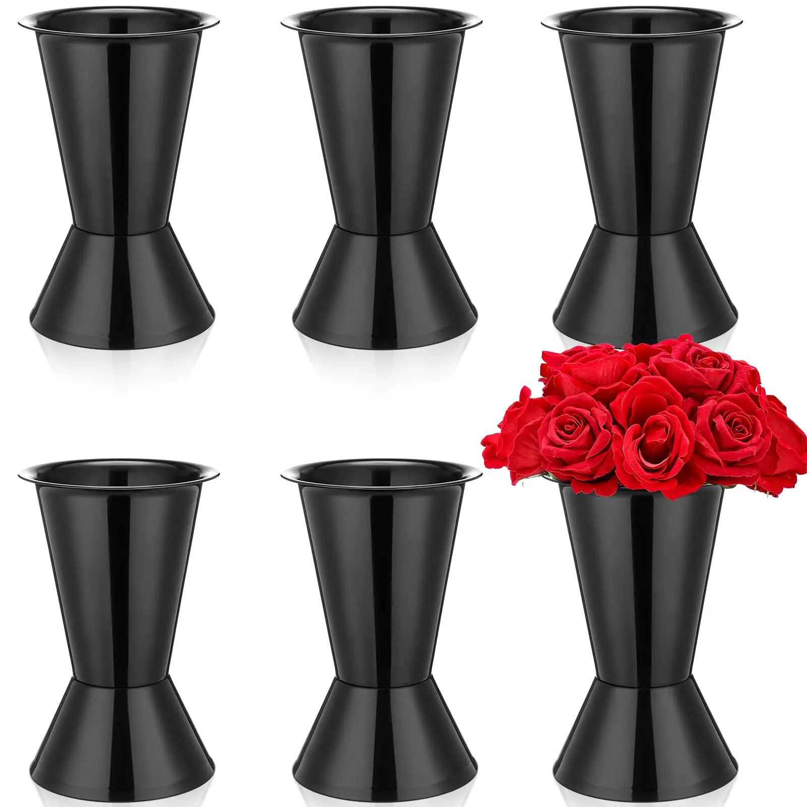 6 Pack Plastic Flower Bucket 11.8 Inch Tall Vase Cone With Base For Cut Multipurpose Buckets Bouquet Holder Centerpieces Decorations Home Wedding (black)