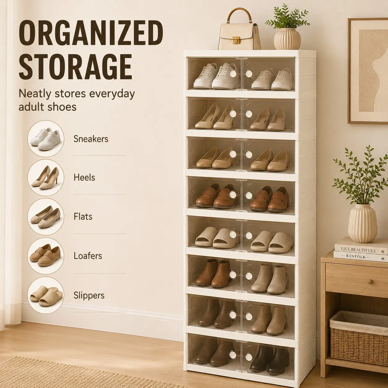 Folding Easily ABS PC Rectangular Stackable Tier Shoe Cabinet - 3/6/9-Tier Dustproof White Storage with Transparent Doors, No-Tools Assembly, Collapsible Organizer for Entryway, Closet, Fits Sneakers, Heels
