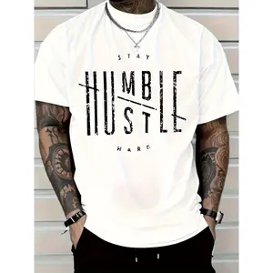 Men’s Motivational Typography Graphic T-Shirt, “Stay Humble Hustle Hard” Letter Print Crew Neck Tee, Casual Short Sleeve Top, Soft Breathable Fabric, Streetwear Style, Comfortable Everyday Wear for Spring Summer