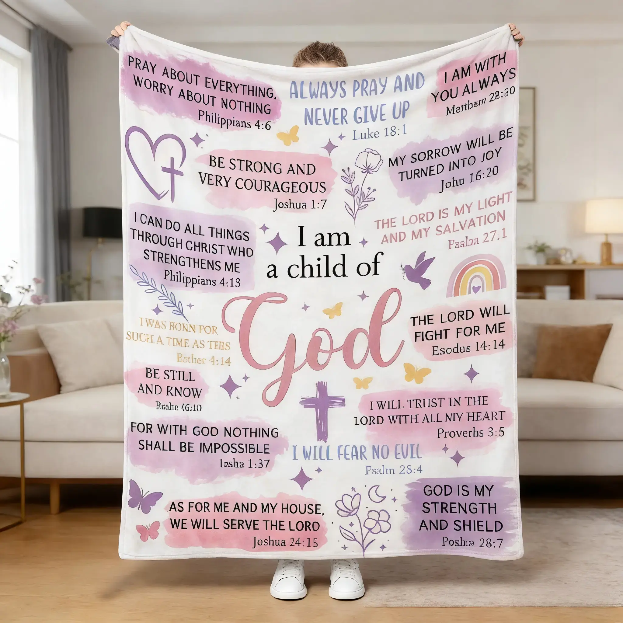 I Am A Child Of God Bible Verse Watercolor Purple Pink Patchwork Fleece Blanket Inspirational Scripture Cross Butterfly Rainbow Floral Print Throw Ultra Soft Flannel Bedding Christian Faith Religious Comfort Gift