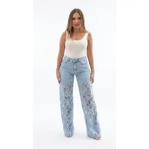 ChicMe Guipure Lace Spliced High Waist Zipper Fly Wide Leg Washed Jeans Pants Bottom