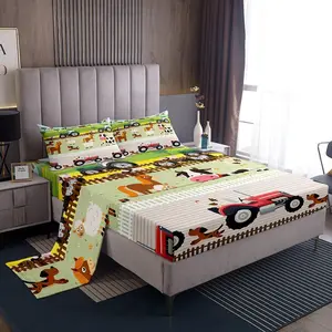 Feelyou Cartoon Pattern Bedding Set - Breathable Durable Decorative Sheets, Cute Tractors & Farm Animals Fitted Sheet, Farmhouse Country Style Summer Gift for Colorful Nature-Themed Room Decor, Breathable Durable Sheets