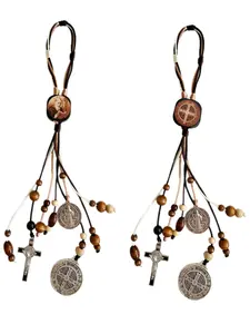 2PCS St Benedict Medal Set, Wooden Beads Rosary Escapulario, Catholic Gifts for Home & Car, Door Hanger Decoration, Religious Souvenir, Wooden Cross Decorations