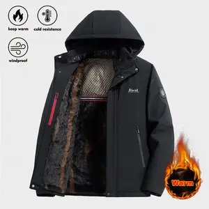 Winter Hooded Fleece Lined Men's Cotton Jacket With Plush Interior, Zipper Pockets, Left Chest Letter Print, Graphene Thermal Locking Winter Outdoor Commuter Coat