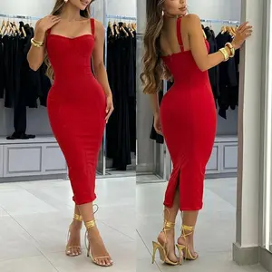 ChicMe Women's Plain Bandeau Bodycon Dress with Thick Straps Casual Slim Fit Back Slit Midi Style