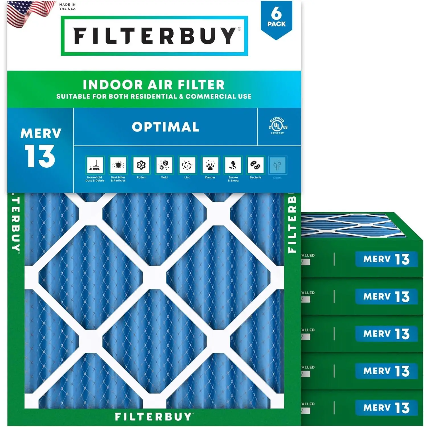 Filterbuy 18x24x2 HVAC AC Furnace Air Filter (6-Pack) - Pleated MERV 13 Bacteria-Blocking Optimal Defense, Actual Size 17.38x23.38x1.75 Inches for HVAC System
