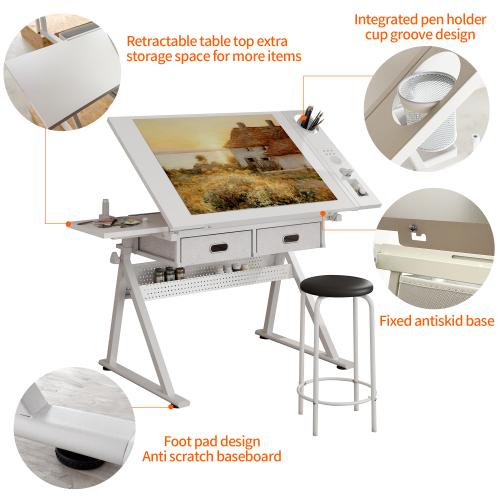 Bellemave  Adjustable drawing drafting table desk with 2 drawers for home office and school with stool