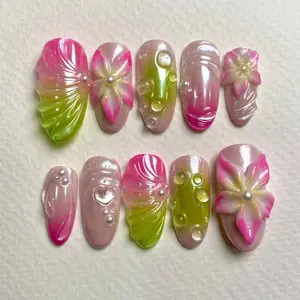 Cute Colorful Floral Press On Nails, Handmade Y2K Liquid Acrylic Gel Fake Nails Lilynailart Style