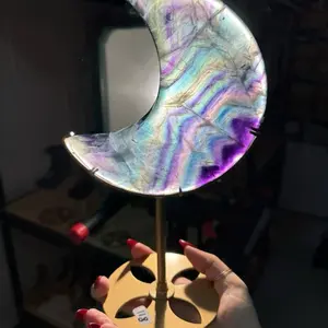 Fluorite Moon on Gold Stand - Clarity & Calm Energy - Sapphire & Sage