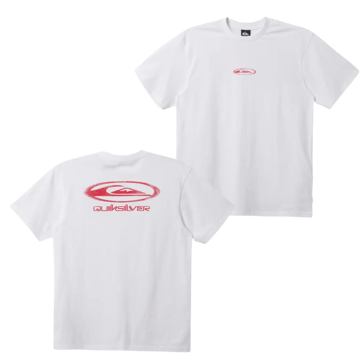 Quiksilver Spaced T-Shirt, Featuring Retro Red Oval Logo Front and Back, Soft Cotton Fabric, Unisex Fit for Men and Women, Ideal for Surfwear Fans