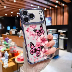 Powder Butterfly Electroplated Four-corner Anti-fall Mobile Phone Case Suitable for iPhone 17 Pro Max 17Air 16 Plus 15 14 13 12 11 Mobile Phone Protective Cover Anti-fall Protection Shell Printed Pattern Soft Protective Case