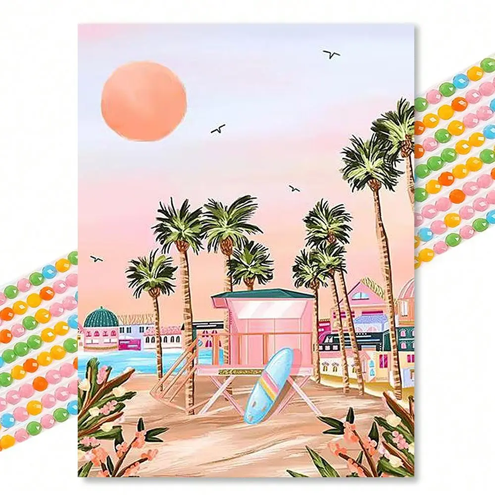 California Beach Diamond Painting Kit, Macaron Fresh Style Round Drill 30x40cm, Girl Heart Bedroom Shop Decor, Craft DIY Kit