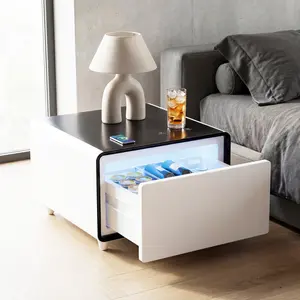 Smart Side Table, Nightstand with Built in Fridge, Mini Coffee Table with 15W Wireless Charging, Modern End Table with USB Chargers and Outlets