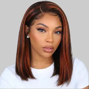P4/350 Highlight Short Bob Wig Glueless 13x4 Lace Front Human Hair Wigs For Women Brown With Ginger Orange Colored Transparent Lace Frontal Wig Bone Straight Bob Wig 100% Human Hair Wigs Pre Plucked Wear And Go