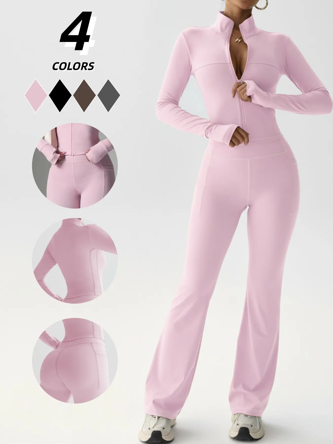 Women's Sportswear Set High Elastic Activewear Workout Set High Stretch Activewear Long Sleeve Zipper Shapewear High Waist Butt Lifting Flare Pants Suitable for Fitness Outdoor Casual Home Office