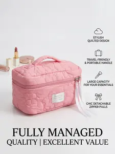 Sweet Floral Quilted Large Capacity Makeup Bag, Ribbon Zipper Portable Travel Vanity Organizer, Youthful High-Style Carry-On Bag