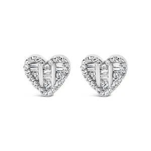 .925 Sterling Silver 1/2 Cttw Round and Baguette Diamond Composite Heart Shaped Stud Earring (I-J Color, SI2-I1 Clarity)