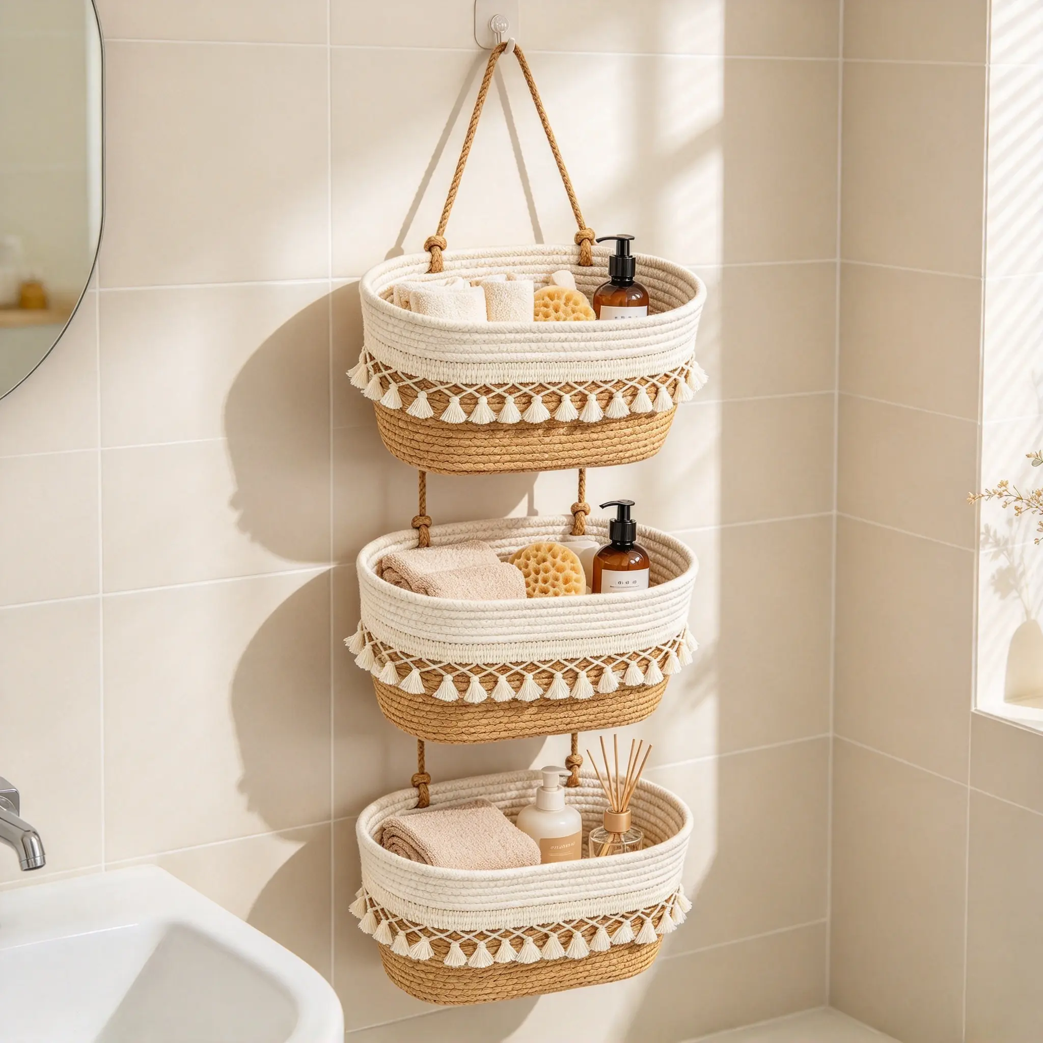 3-Tier 13 In Boho Cotton Hanging Storage Basket Set - Damage-Free Vertical Organizer with Hooks, Wall/Over-The-Door Holder for Bathroom, Dorm, Home Supplies Gift