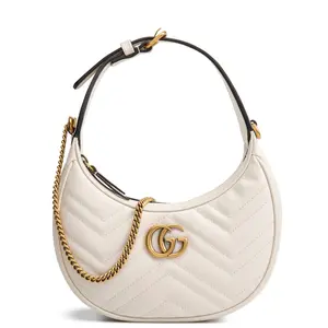 Pre-owned GUCCI Chevron calfskin leather Shoulder Bags GG Marmont Half Moon Hobo White